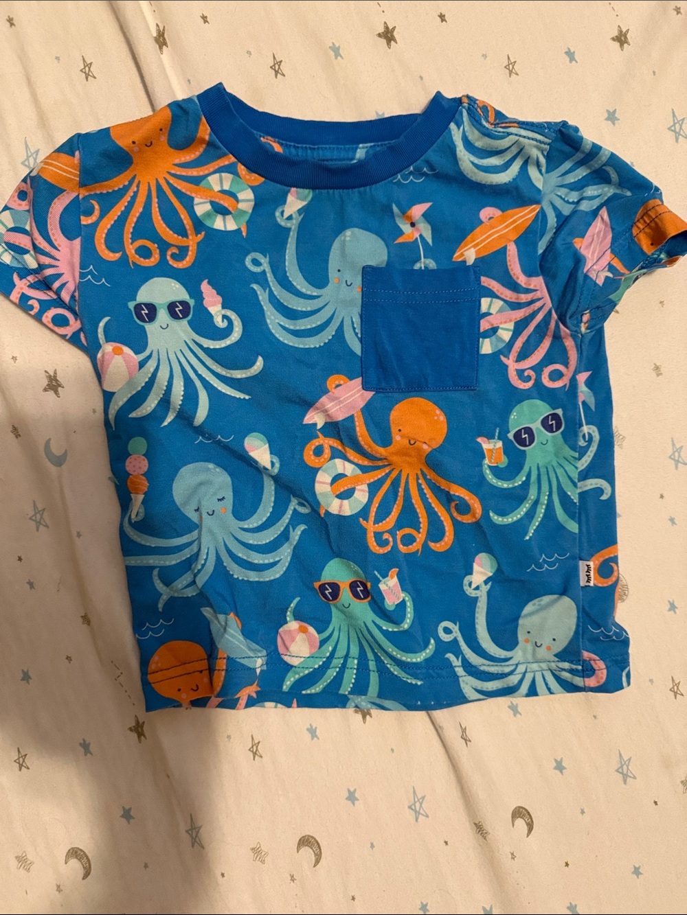 Little Sleepies Blue Octopus Pocket Tee with Orange Accents
